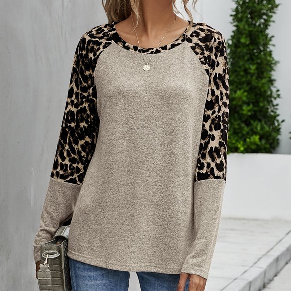 Tops - leopard print raglan sleeve top light tan